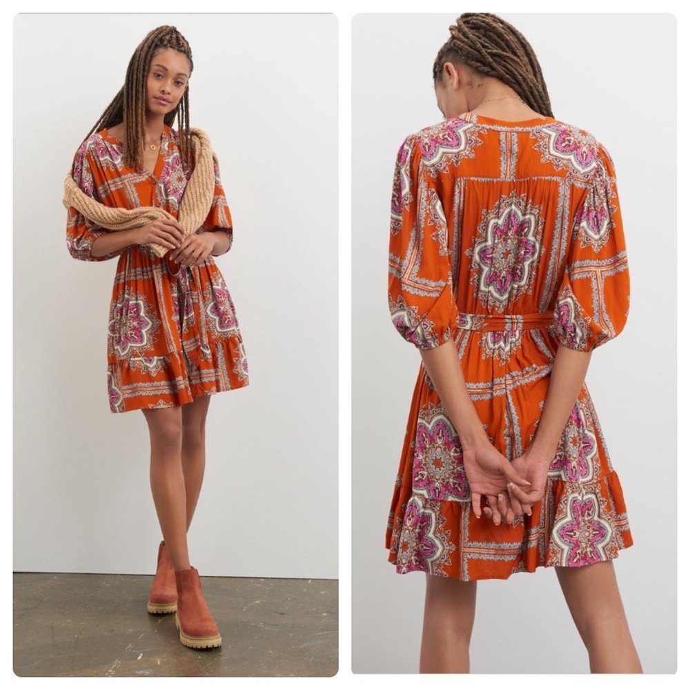 Anthropologie Orange and White Ruffled Mini Dress